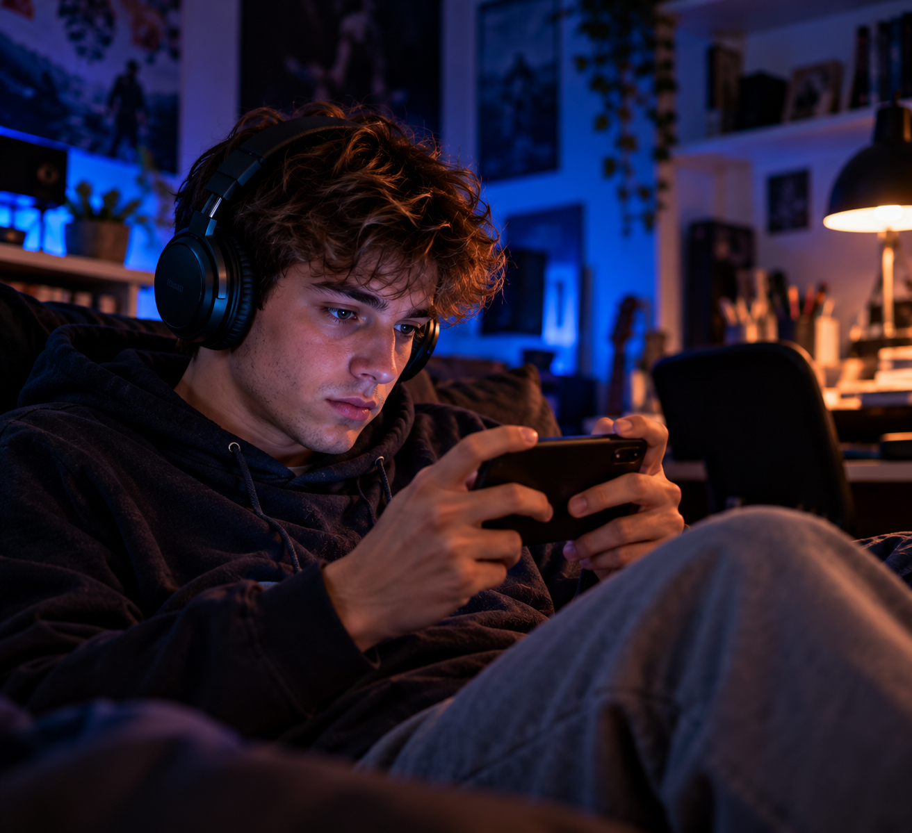 Late-night gaming session in a bedroom