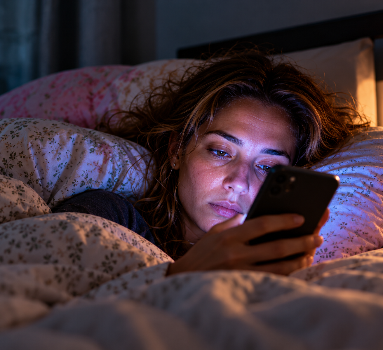 Woman scrolling on her phone in bed at night