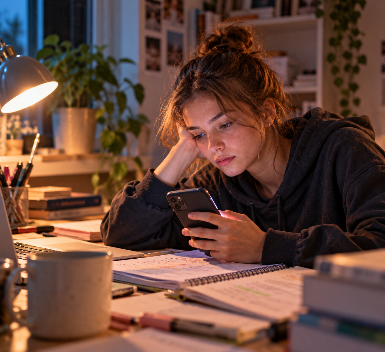Study break with a smartphone at a desk